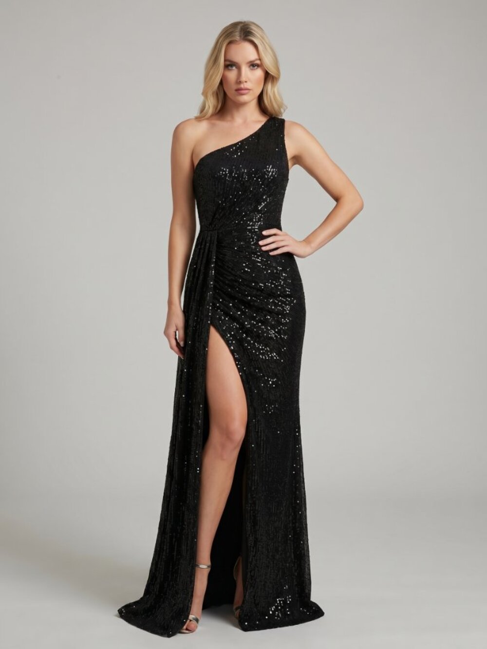 Women’s Black Sequin One Shoulder Maxi Dress Elegant High Slit Evening Gown